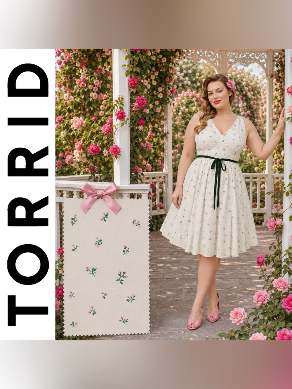 Torrid Retro Chic White & Pink Ditsy Floral Print Belted Swing Dress, Large, NWT